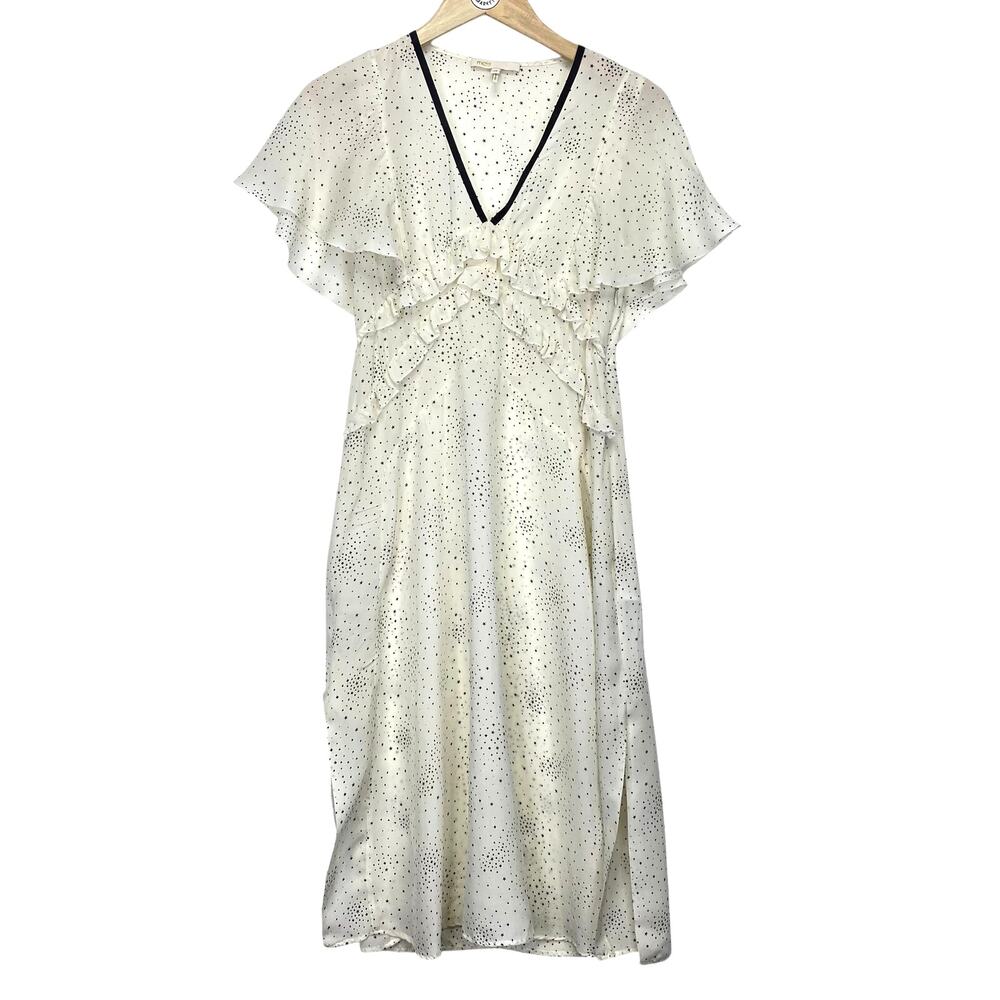MAJE Racky Ivory Black Celestial Dress Sz XS Star Print Ruffle Midi Whimsigoth